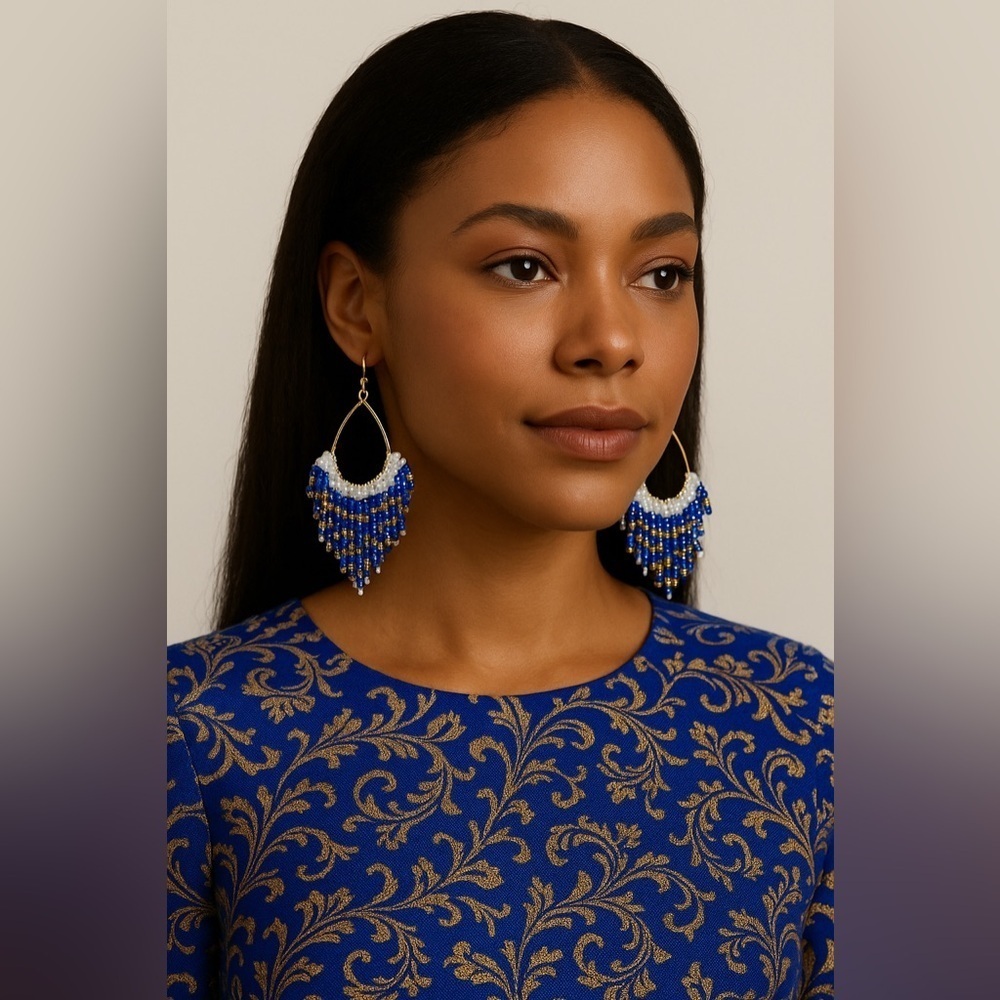 Stunning Beaded Fringe Earrings in Blue and Gold